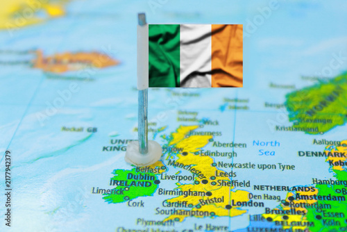 Ireland Flag Pin Mark Location on World Map Close Up