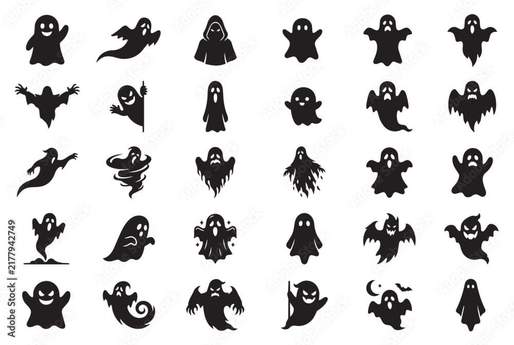Obraz premium Set of spooky halloween ghost silhouettes with various scary expressions and poses