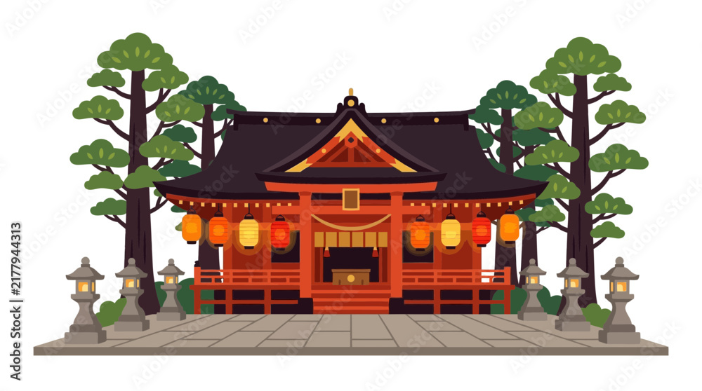 Obraz premium Traditional Japanese shrine illuminated with hanging lanterns