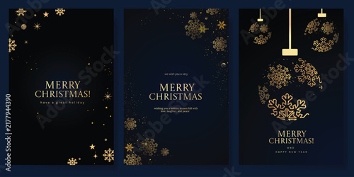 Navy blue Christmas and Happy New Year card vector. Winter Star ,Night  sky, leaves branch, snow flake with gold foil texture on white background. Illustration for cover, print, poster, invitation.