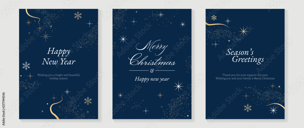 Obraz premium Navy blue Christmas and Happy New Year card vector. Winter Star ,Night sky, leaves branch, snow flake with gold foil texture on white background. Illustration for cover, print, poster, invitation.