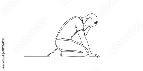Continuous single line drawing of a sad man kneeling on the floor with his head in his hands experiencing depression or grief