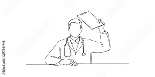 Continuous line drawing of a doctor holding a clipboard with a stethoscope around neck