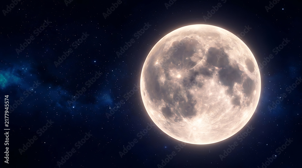 Obraz premium Full moon glowing in deep space with starry night sky background