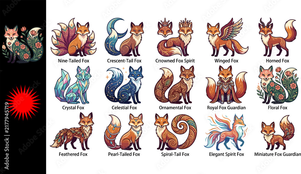 Fototapeta premium Collection of fifteen fantasy foxes featuring Nine-Tailed Crescent-Tail Crowned Winged Horned Crystal Celestial Ornamental Floral Feathered Pearl Spiral Elegant Miniature