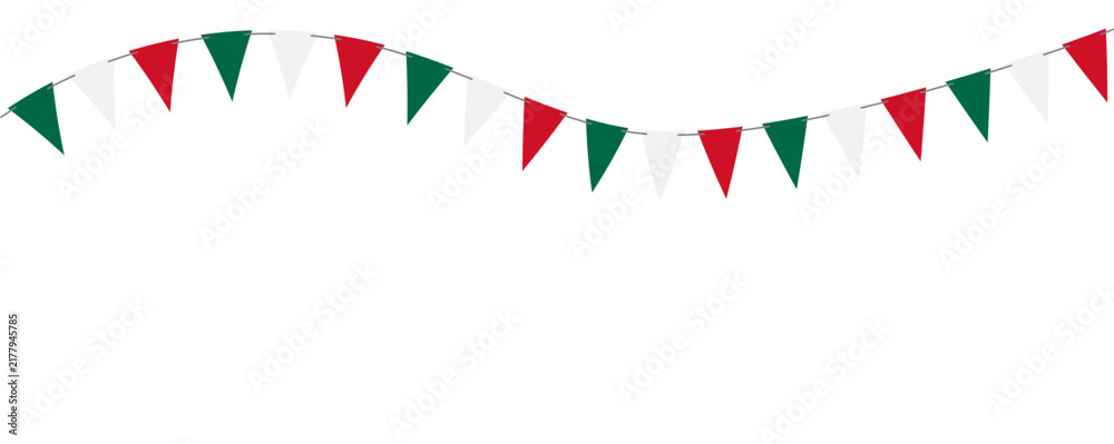 Fototapeta premium Mexican color pennant garland with green, white and red triangle flags, isolated for fiesta invitations, banners, posters and celebration design.