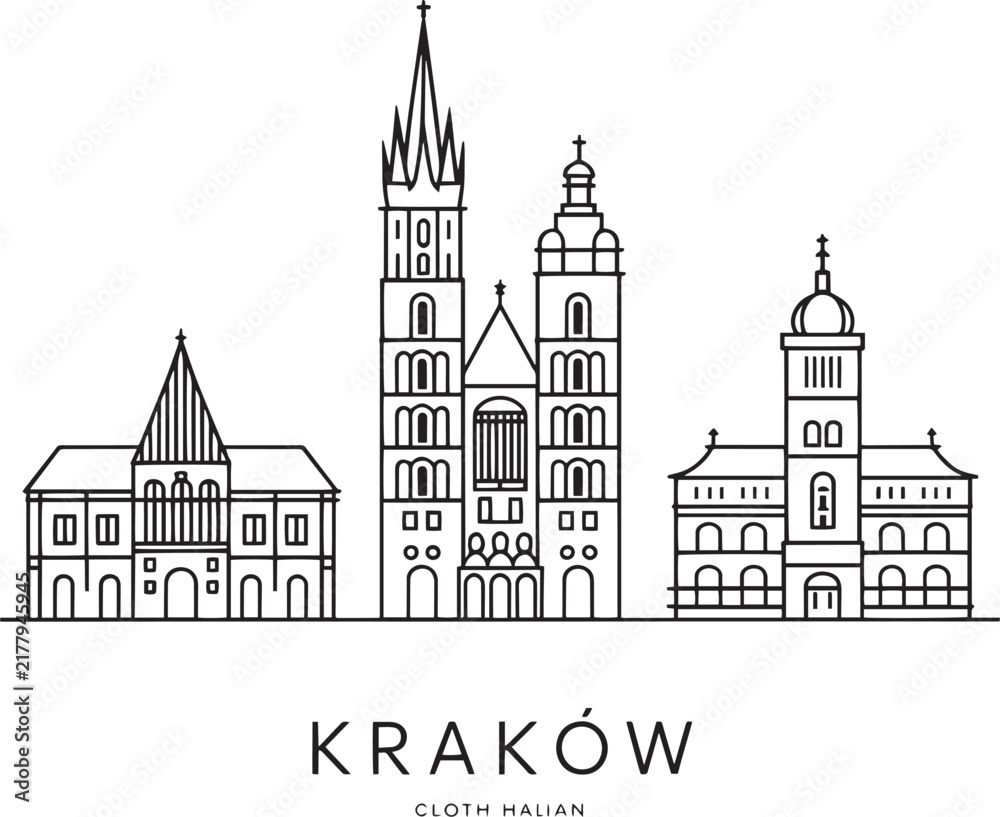 Fototapeta premium Minimalist hand drawn sketch of krakow city skyline featuring iconic historical architecture and famous landmark buildings in poland