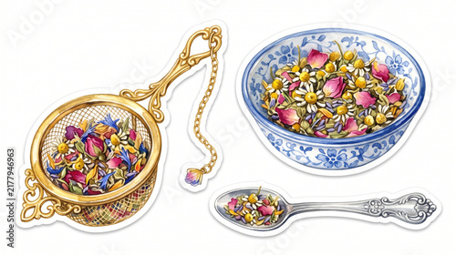 Gold Botanical Tea Infuser and Loose Flowers Watercolor Clipart