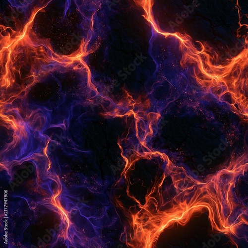 2D flat textile print with flowing luminous lava veins, glowing spooky light streams, dark cracked haunted stone background, floating tiny ghost spark particles, abstract Halloween fluid graphic for s