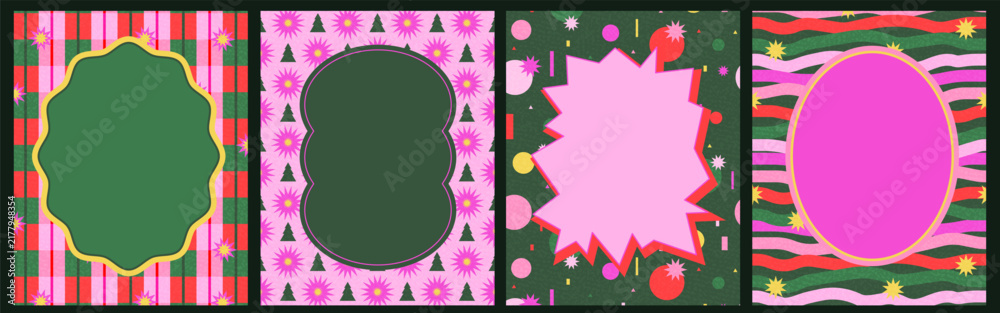 Obraz premium Set of festive holiday backgrounds with geometric frames. Place for text. Bright colorful patterns with Christmas trees, confetti, stripes, stars. New Year card design. 