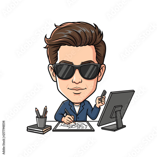 Caricature of a male designer working at his desk.