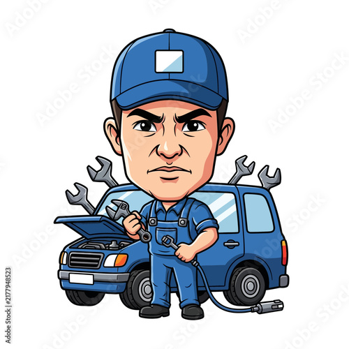 Caricature of a male auto mechanic with a van.