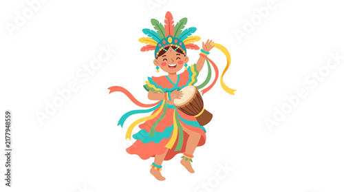 Cartoon character in colorful festive carnival costume dancing.