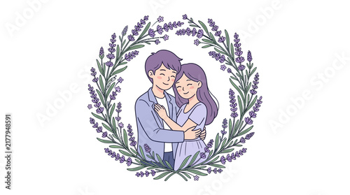 Couple hugging inside lavender wreath floral frame