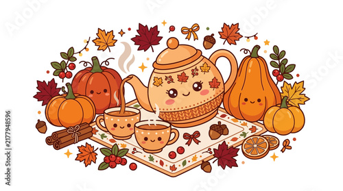 Cozy autumn tea set with smiling pumpkin teapot.