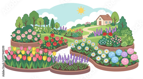 Countryside garden landscape with cottage.
