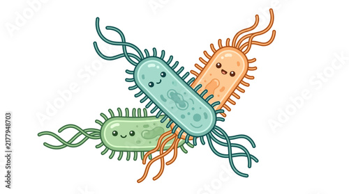 Cute colorful rod-shaped bacteria characters with flagella.
