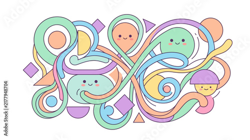 Cute colorful doodle swirls with smiling cartoon faces.