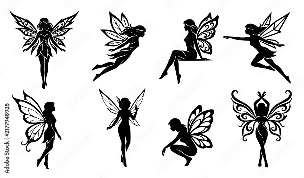 Fototapeta premium Monochrome fairy character silhouette set with elegant wings and fantasy poses vector