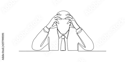 Continuous single line drawing of a stressed businessman sitting at a desk with his hands on his head
