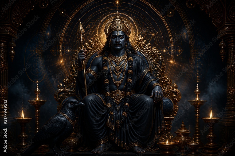 Fototapeta premium Seated dark deity figure holding spear in ornate shrine