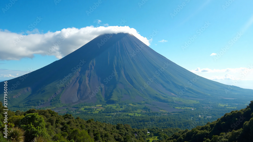 Fototapeta premium Volcano Over Green Valley for Marketing Text