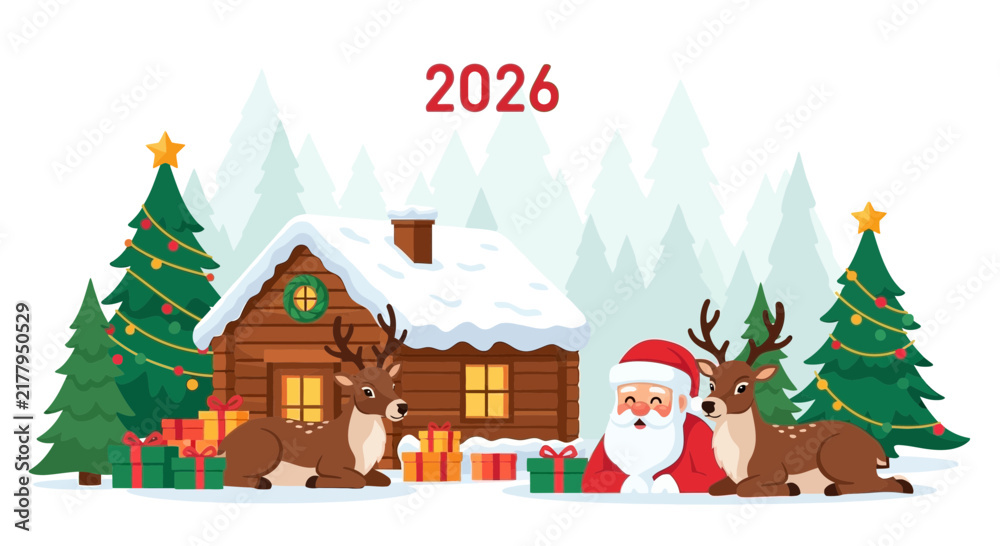 Naklejka premium 2026 Christmas Greeting Featuring Santa Claus with Reindeer and Gifts