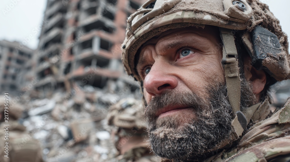 Fototapeta premium Resilient Soldier Stands Amidst Destruction and Hope for a Better Future