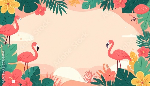 Pink flamingos with tropical flowers and monstera leaves on peach background, summer concept