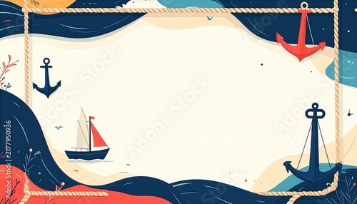 Nautical rope frame with rounded corners and sailboats on cream background, summer sea concept
