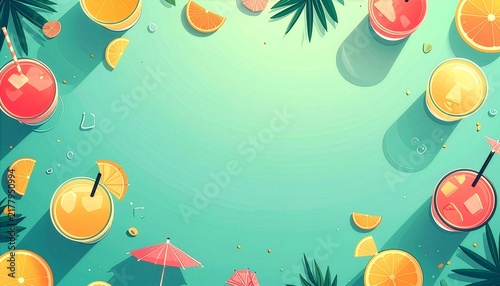 Tropical cocktail drinks and orange slices top view on teal background, summer bar concept