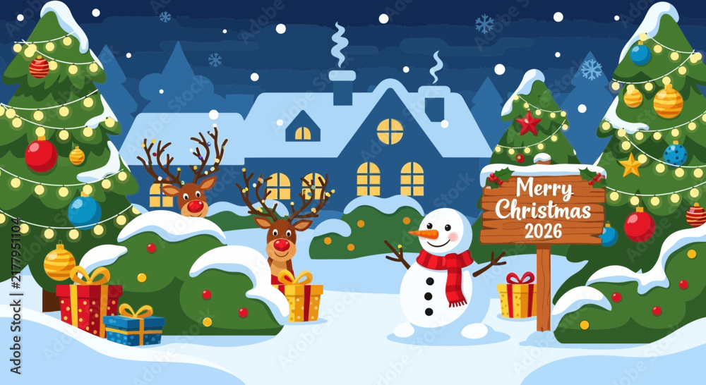 Fototapeta premium Merry Christmas 2026 Festive Scene with Snowman and Reindeer