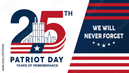 Patriot Day 2026 25th anniversary horizontal banner template featuring large 25th typography integrated with New York skyline and twin towers line art, American flag ribbon, and 