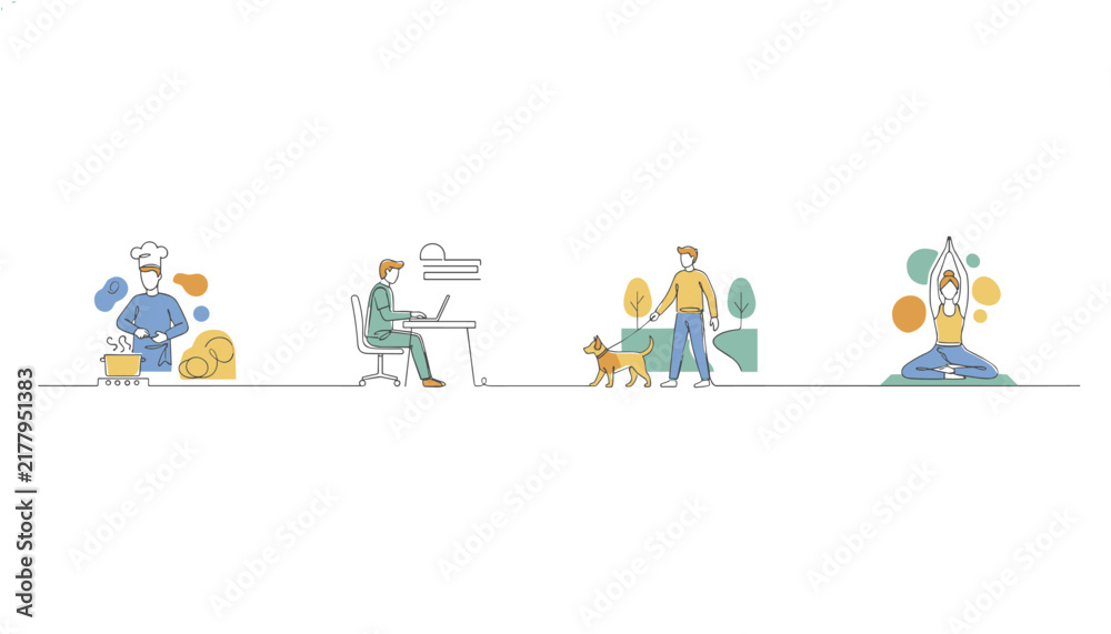 Fototapeta premium Four minimalist lifestyle illustrations depicting cooking, working at a desk, walking a dog, and doing yoga on a white background.