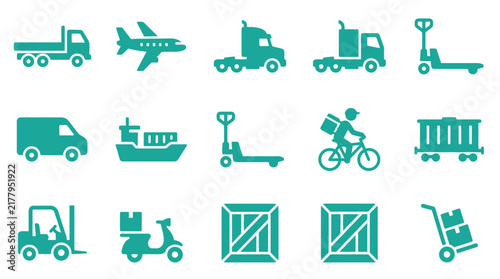Collection of fifteen teal minimalist flat icons illustrating logistics and transportation methods including cargo planes, freight ships, semi-trucks, delivery vans, scooters, and forklifts.