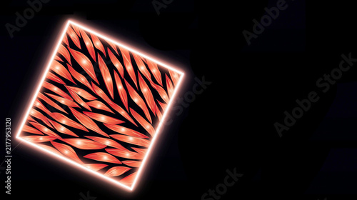 Tilted white neon square frame with orange leaf pattern on dark black background