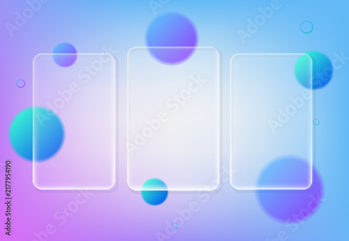 Glassmorphism Liquid Glass Vector Background Template with 3 Rectangular Cards and Colorful Spheres