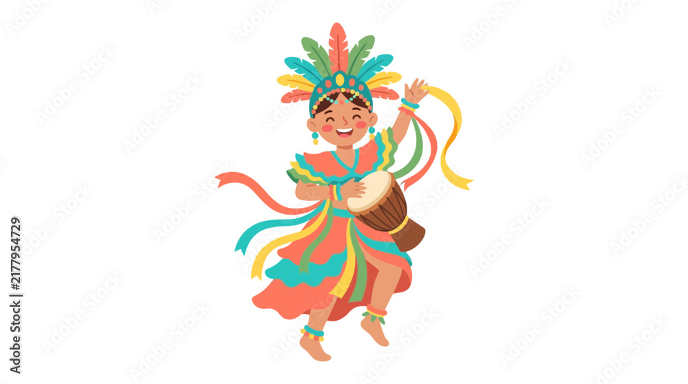 Fototapeta premium Cartoon character in colorful festive carnival costume dancing.