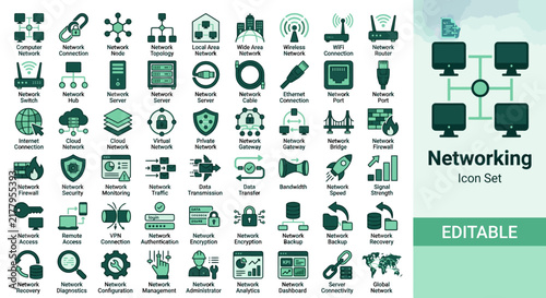 Set of green computer networking icons representing connectivity infrastructure and digital communication
