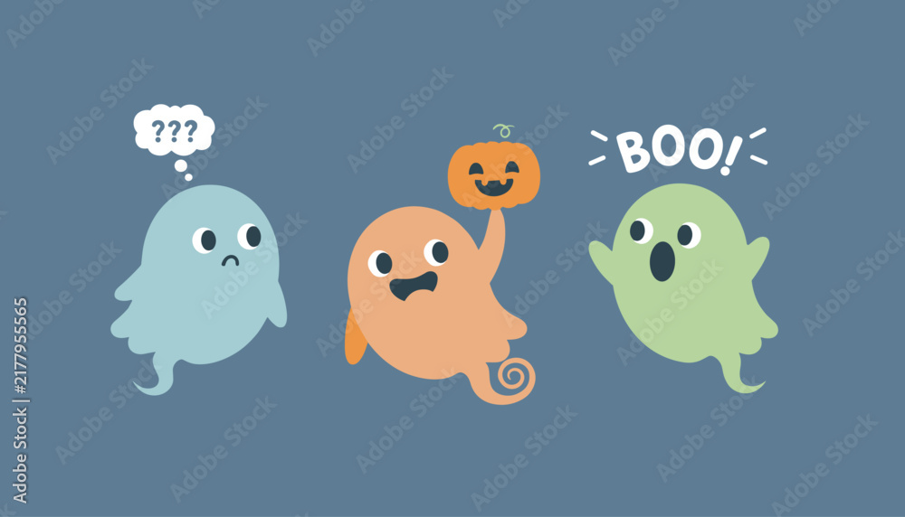 Fototapeta premium Three adorable cartoon ghosts in blue, orange, and green express different emotions against a dark blue background.