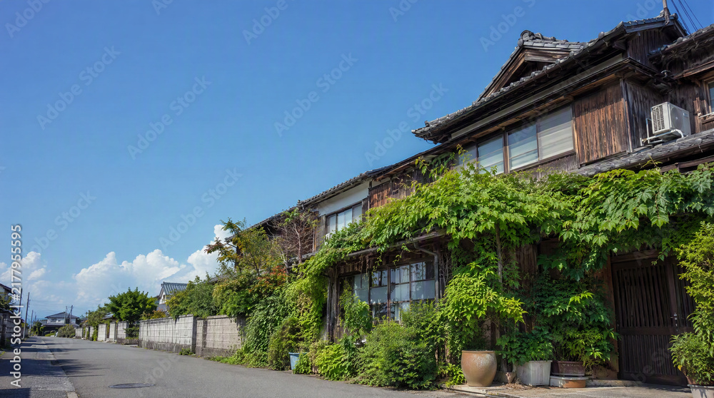Obraz premium 緑に覆われた日本の古い家屋と青空