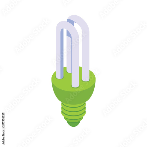 Isometric fluorescent light bulb icon in green base for energy efficient interior illumination and sustainable house lighting.