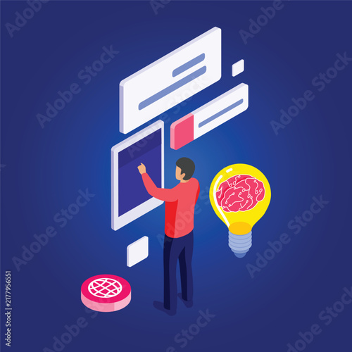 Isometric businessman touching virtual digital screen interface with artificial intelligence lamp bulb concept for data analytics.