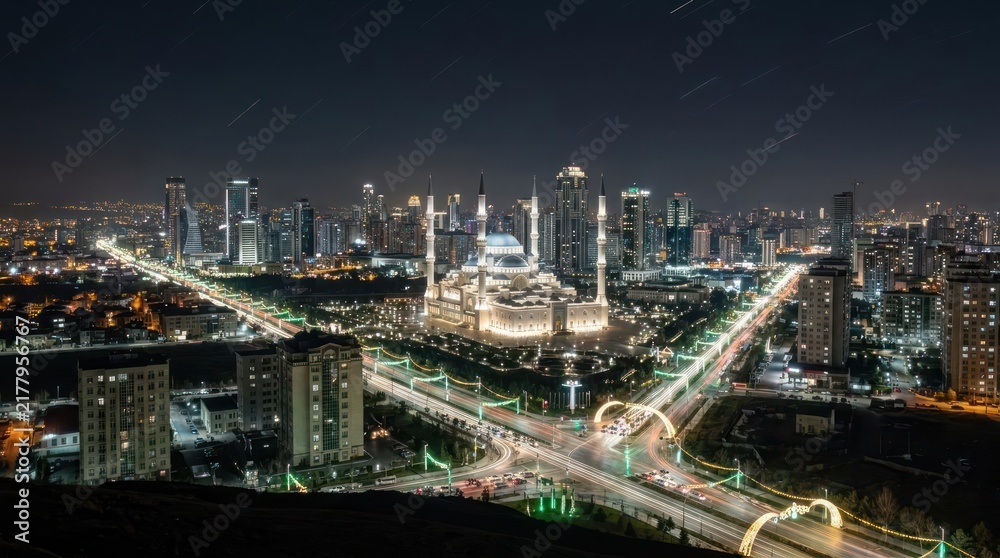 Fototapeta premium Grand mosque illuminated in night city skyline view.