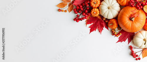 Autumn, pumpkin, leaf, berry, flat lay seasonal composition with copy space
