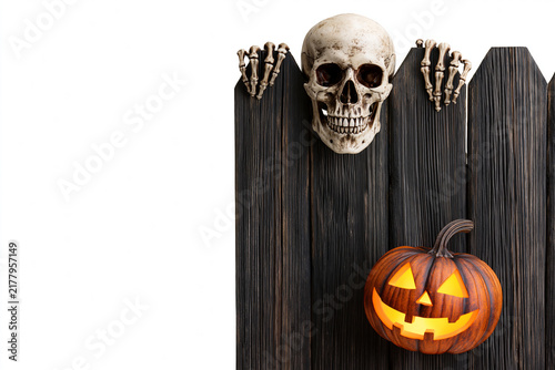 Skeleton skull fence pumpkin, creepy halloween decoration on white background