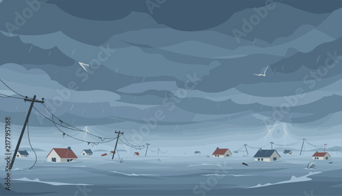 Stormy sky and lightning over a flooded village with submerged houses and crooked power lines representing a natural disaster.