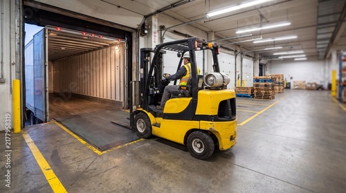 Forklift Driver Moving Cargo Pallets Into Semi Truck Trailer at Industrial Shipping Hub