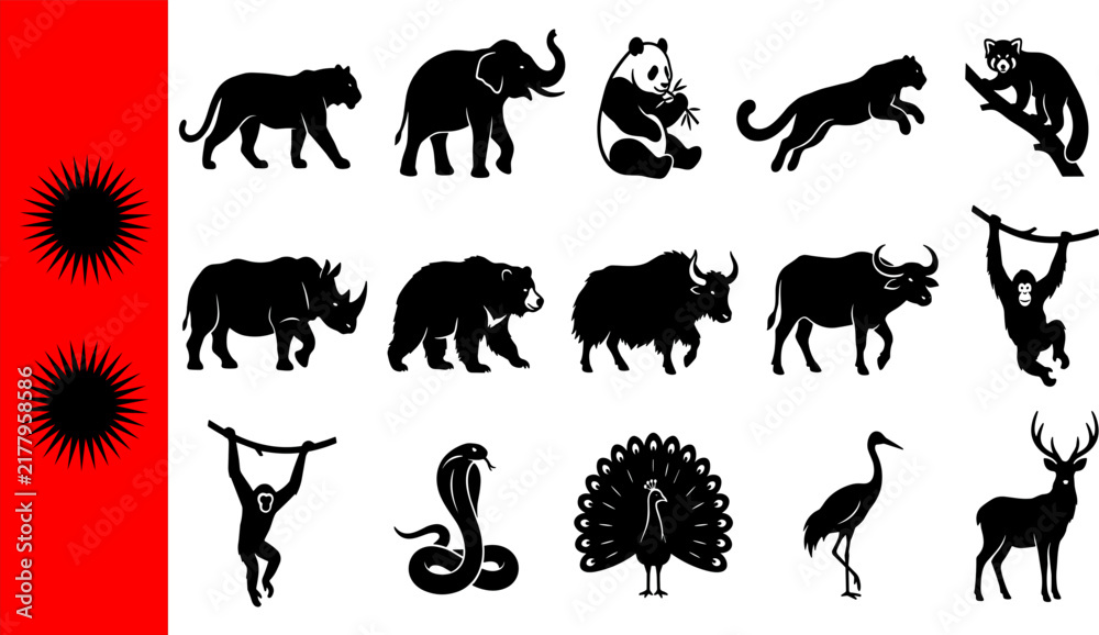 Fototapeta premium Collection of fifteen black Asian wildlife silhouettes featuring elephant panda monkey rhino bear yak buffalo orangutan cobra peacock heron deer with red banner background decorative
