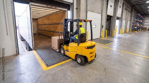 Industrial Forklift Driver Stacking Cardboard Packages Inside Freight Trailer